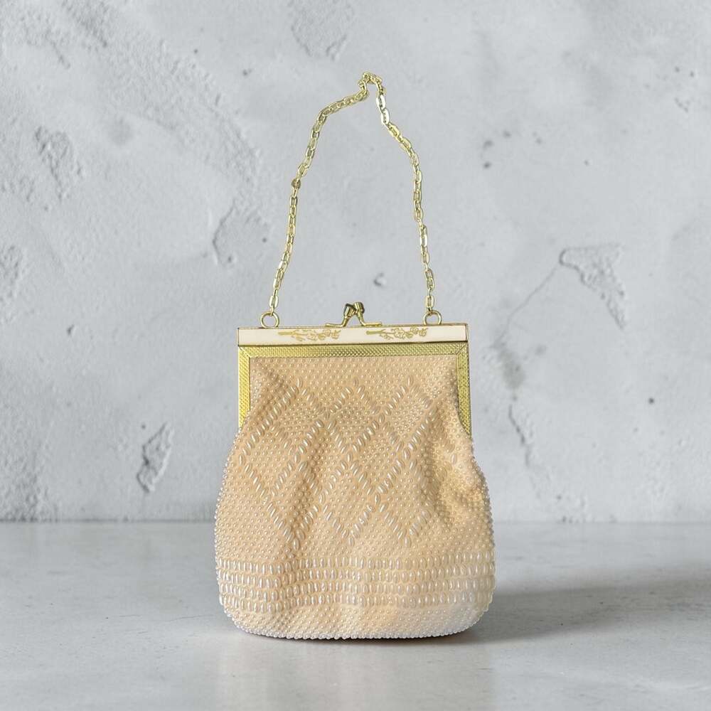 Handmade Vintage Beaded Evening Bag Handbag Cream Pearl Detail Gold Tone Frame